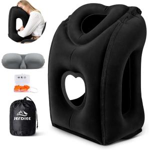 JefDiee Travel Pillow,Inflatable Airplane Pillow for Sleeping to Avoid Neck and Shoulder Pain,Supports Head and Chin Used for Airplane,Car,Bus and Office (X-Large, Black)