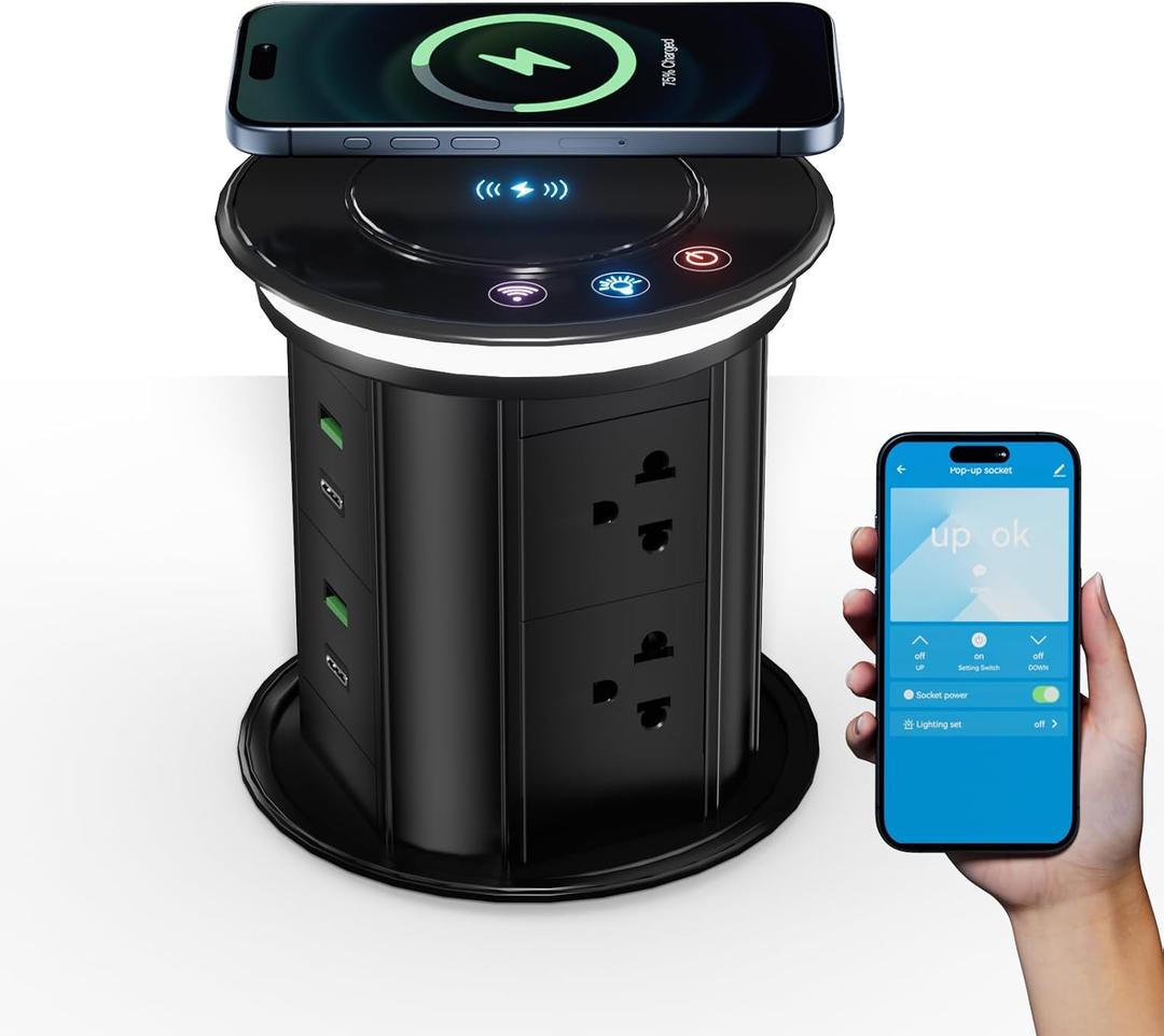 Redcomets APP Remote Control Pop Up Outlet,6AC/4USB,15W Wireless Charger
German motorized Pop up Countertop outlet,15W Wireless Charger, 6AC/4USB (20W PD), APP Remote Control, free 4.92in hole saw., Black