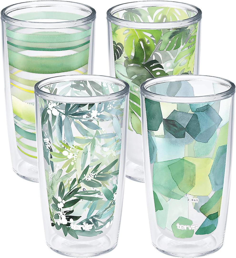 Tervis Yao Cheng Green Crystal Made in USA Double Walled Insulated Tumbler Travel Cup Keeps Drinks Cold & Hot, 16oz 4pk, Green Collection (Clear)