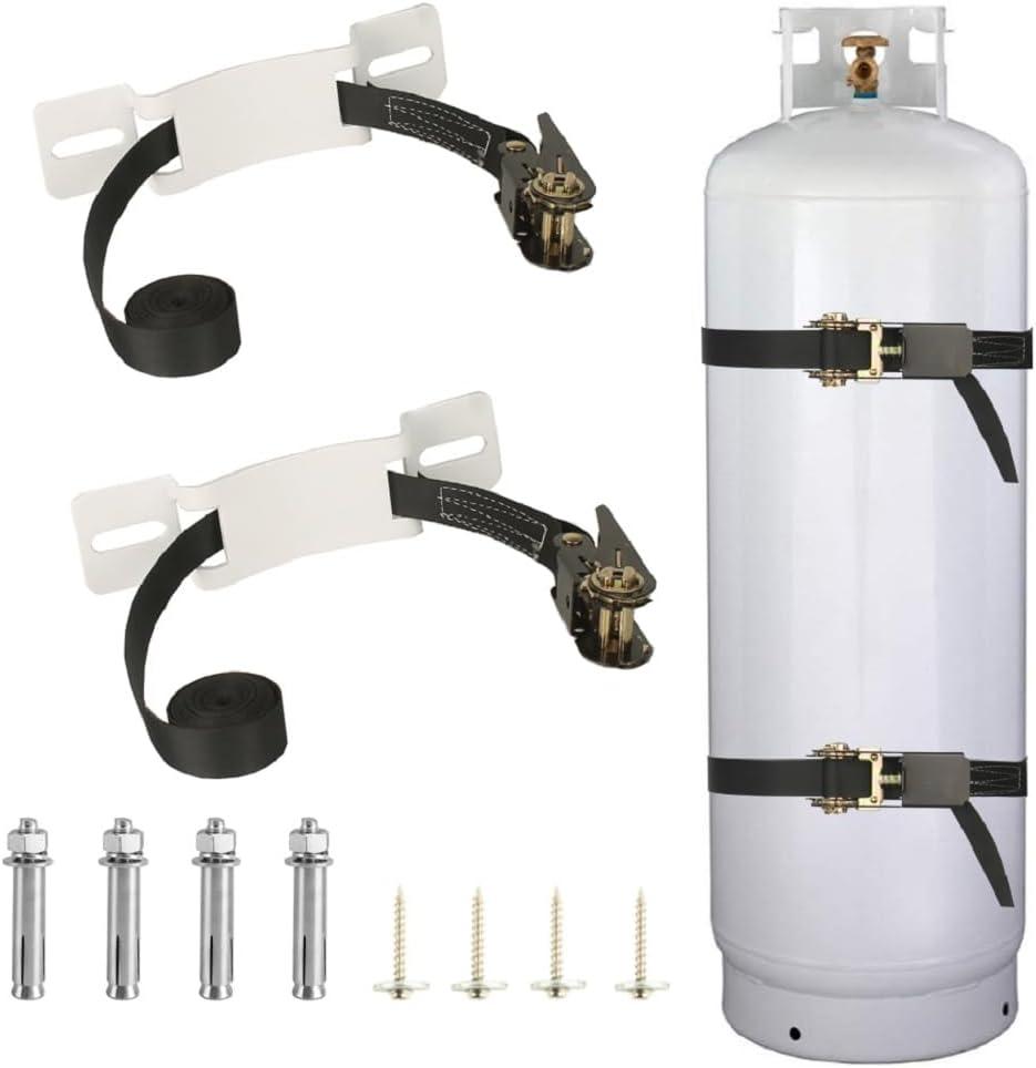 Propane Tank Holder Cylinder Wall Mounted Brackets, Ratchet Straps6.6ft , Steel Gas Cylinder Holder, Heavy Duty Gas Cylinder Holder Wall-Mounted Bracket (White 2)