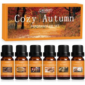 SALUBRITO Fall Fragrance Oils Set, Autumn Essential Oil for Diffuser, Candle Making, Aromatherapy Oils Gift - Cinnamon, Pumpkin Spice, Vanilla, Snickerdoodle, Spiced Cider, Nutmeg, 6x10ml SALUBRITO Fall Fragrance Oils Set, Autumn Essential Oil for Diffuser, Candle Making, Aromatherapy Oils Gift - Cinnamon, Pumpkin Spice, Vanilla, Snickerdoodle, Spiced Cider, Nutmeg, 6x10ml