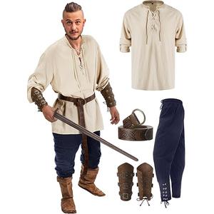 Jiuguva 4 Pcs Halloween Men's Renaissance Costume Set Medieval Pirate Shirt Ankle Banded Pants Viking Belt Accessories
(XX-Large)