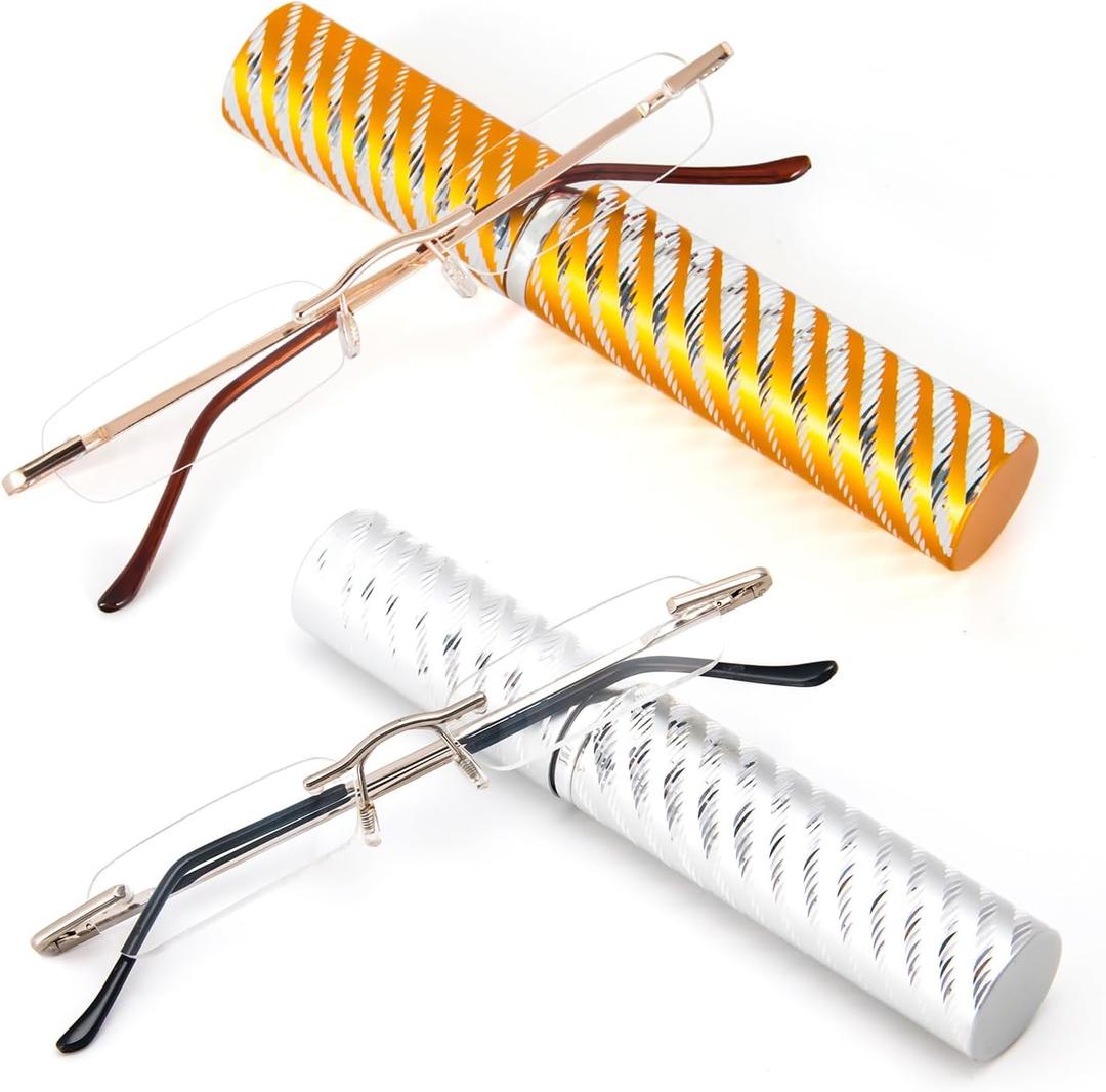 DXYXYO Mini Rimless Reading Glasses for Women Men, 2 Pack Slim Pocket Compact Metal Readers with Small Portable Case (Silver+Gold)