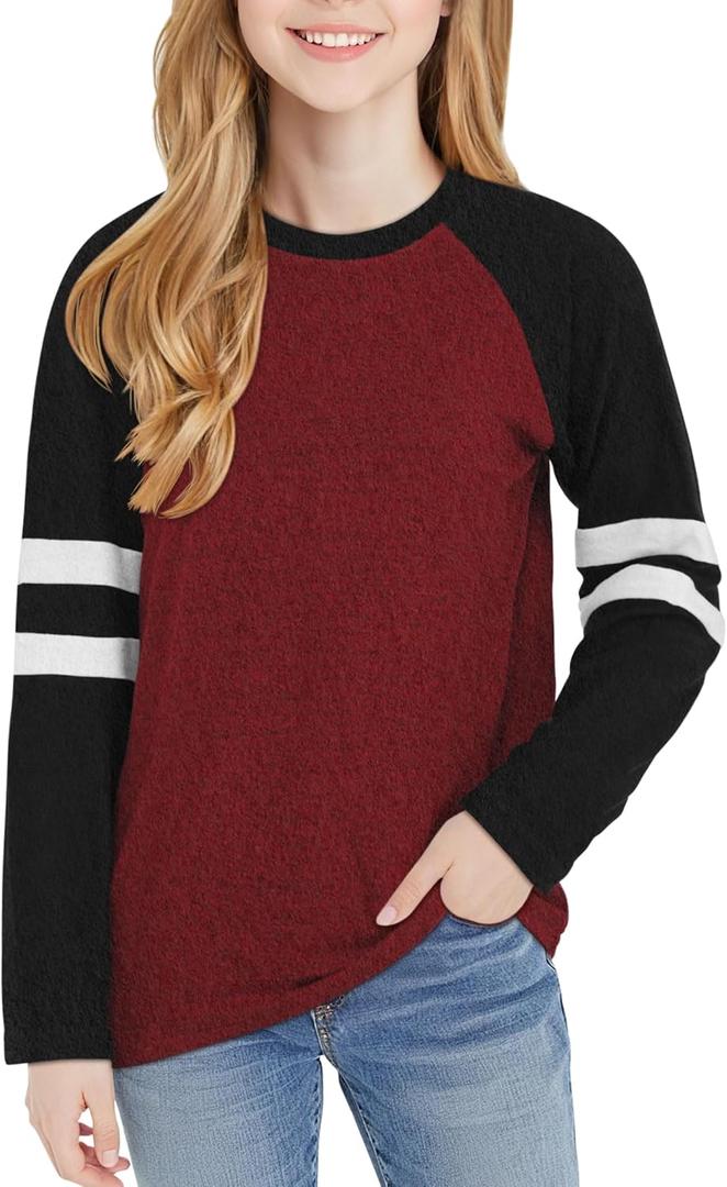 Girls Shirts Long Sleeve Crewneck Striped Sweatshirts Casual Tops for 6-13 Years (Burgundy)