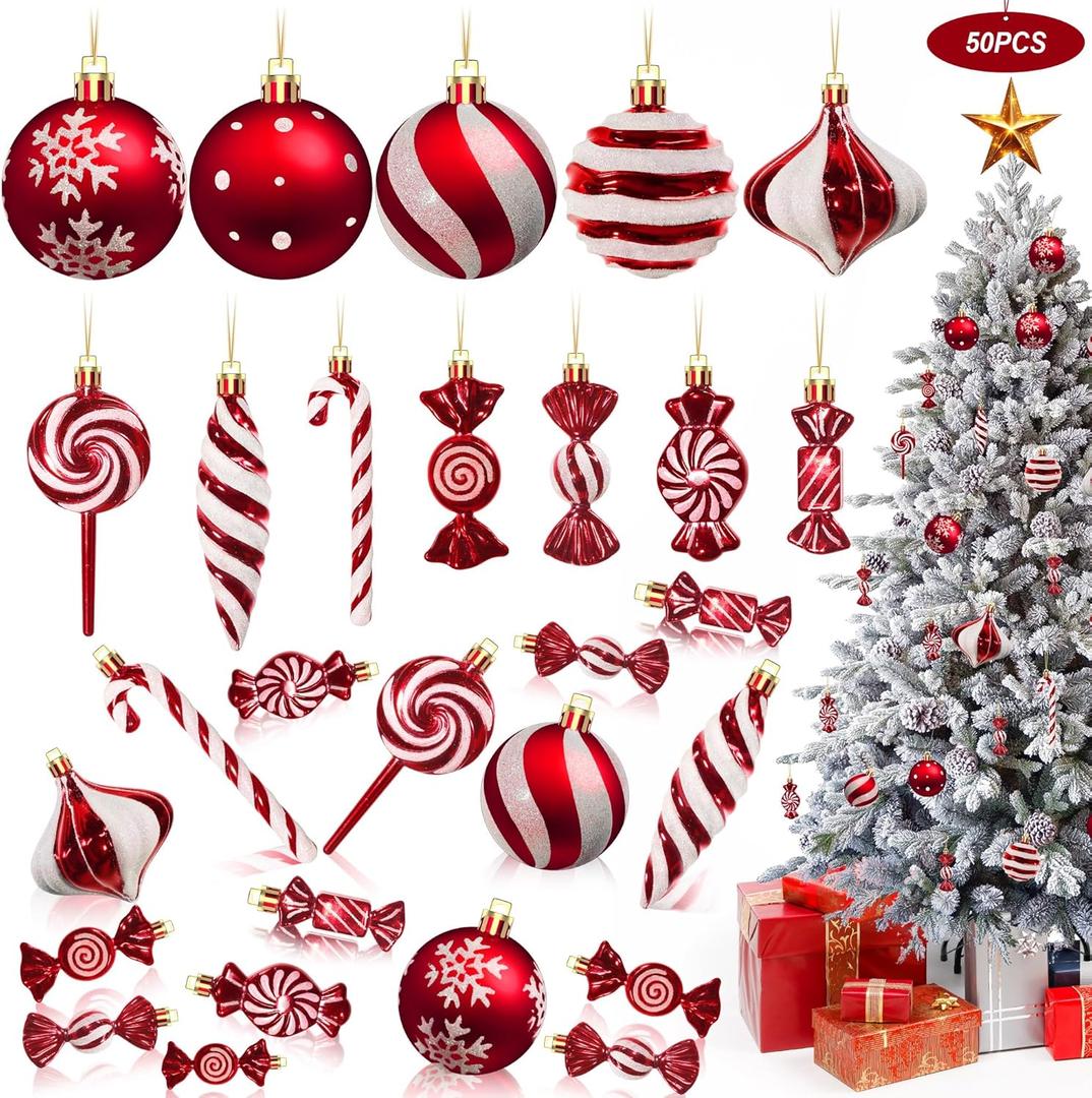50Pcs Christmas Candy Cane Ornament Lollipop Ornaments for Christmas Tree Decorations,Red and White, 12 Style Assorted Shapes with Hanging String for Xmas New Year Holiday Festival Home Party Decor (80mm/3.14")