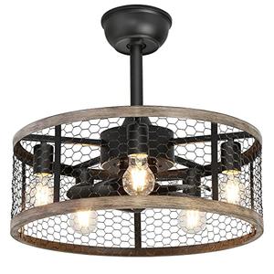 Ohniyou 20'' Caged Rustic Farmhouse Ceiling Fan with Lights Remote Control, Reversible Motor, 6 Speeds Ceiling Fan Light Fixture for Dining Room Bedroom