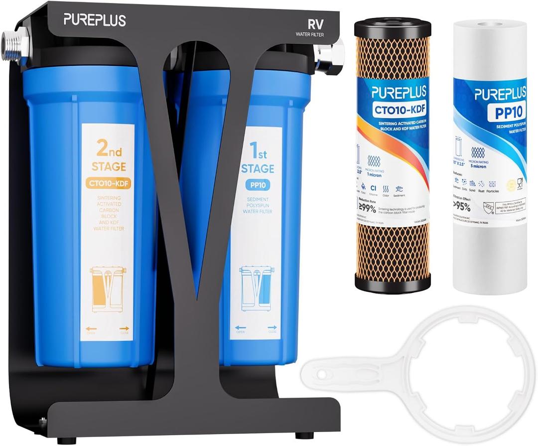 Pureplus RV Dual Stage Water Filter System, Includes Two Cartridges and Mounting Bracket, NSF/ANSI 42 Certified, Reduces Sediment, Heavy Metals, Chlorine and More, with Stainless Steel 3/4" Fittings