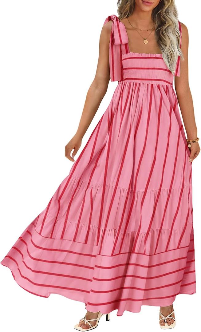 CURBODO Women's Summer Maxi Dress Boho Spaghetti Straps Casual Long A-line Smocked Beach Dress Square Neck Flowy Sun Dress (Pink, L)