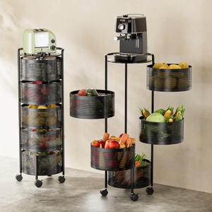 JAQ Rotating Fruit Basket, 5-Tier Metal Sturdy Kitchen Storage Rack Shelf Carts No Assembly on Rolling Wheels for Fruit Vegetable Grocery Corns Potato Onion (5-Tier, Black)