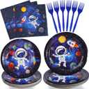 SCIONE 96 Pcs Outer Space Party Decorations Galaxy Party Tableware Set, Solar System Paper Party Plates Napkins Forks for 24 Guests, Kids Party Favors Space Themed Birthday Party Supplies