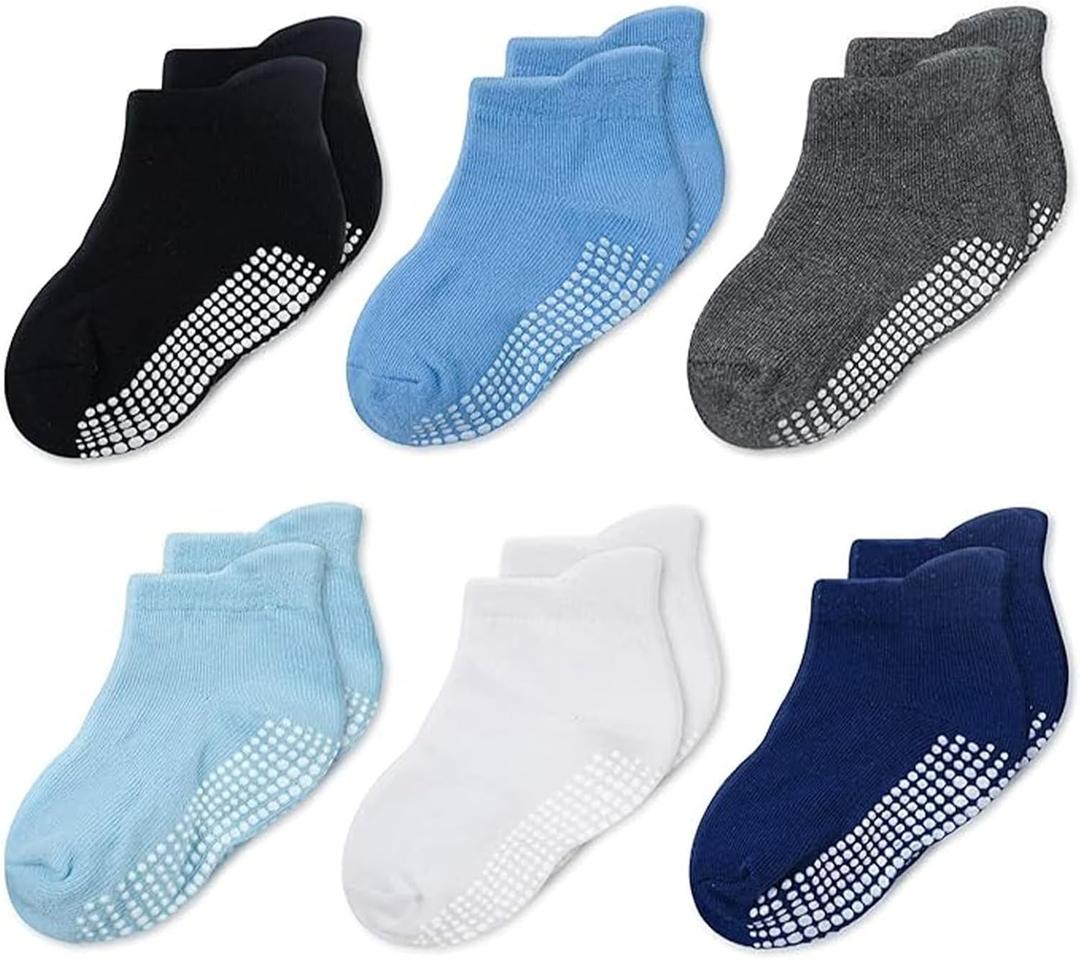 CozyWay Baby & Toddler Socks with Grippers Non Slip Ankle Grip Socks For Boys and Girls - Comfy Soft Cotton - 6 Pack (3-5T, Blue White Black)