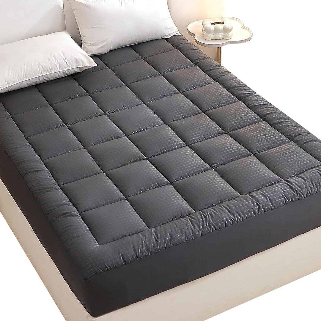 Quilted Fitted Mattress Pad, Quilted Fitted Premium Mattress Protector, Elastic Fitted Mattress Topper Protector and Cover Stretches up to 16 Inches Deep, Soft, Breathable, Machine Washable (Twin, Dgrey)