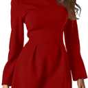 GOBLES Women's Elegant Fall Long Sleeve Boat Neck High Waist A-line Cocktail Dress (Red, M)