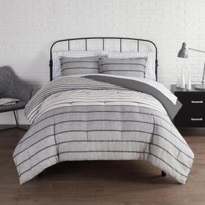 Serta Simply Clean Conrad Soft Modern 5 Piece Variegated Stripe Bed in a Bag Complete Bedding Comforter Set with Sheets and Pillow Cases for All Season, Twin/Twin XL, Grey