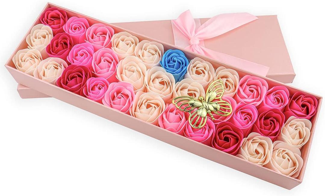 JIALEEY 33 PCS Floral Scented Bath Soap Rose Flower Petals, Plant Essential Oil Rose Soap Set Gifts Ideas for Her Women Girls Mom Valentine's Day, Pink Gift Box