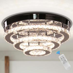 13.7" Dimmable Crystal Chandeliers 3-Tiers Flush Mount Ceiling Lamp Modern Round Ceiling Light Fixture with Remote Controller for Bedroom Dining Room