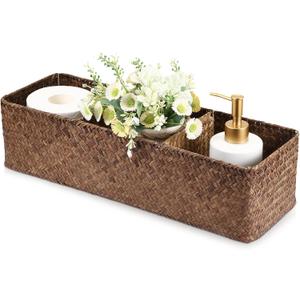 Seagrass Shelf Basket with Dividers, Rectangular Woven Storage Baskets for Organizing, Decorative Wicker Narrow Basket Tray with 3 Sections for Shelves, Toilet Tank, Bathroom Counter (17.2L x 5.9W x 4.3H, Coffee)