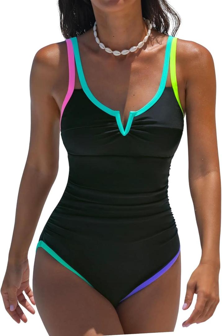 popvil One Piece Swimsuits Women 2026 Tummy Control - Modest Bathing Suit Shapewear Swimwear Retro Neon Swim Suit (M)