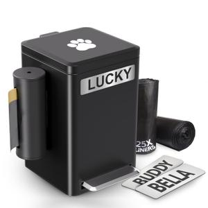 Dog Poop Can Outside, 6L Metal Outdoor Dog Waste Bin with Lid & Soft Close Pedal, Pet Waste Container with Charcoal Filter, Removable Inner, Bag Holder, Stickers & Custom Name Plate