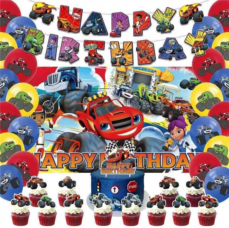 42pcs Blaze and the monster Birthday Party Supplies Pack IncludesBannerCake TopperBlackdrop,Balloons for Blaze Party Supplies