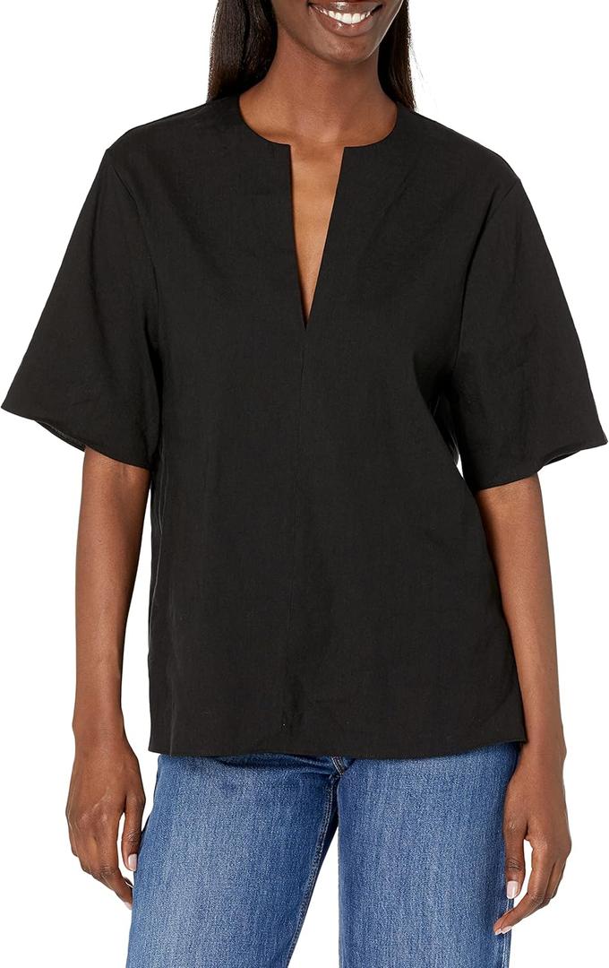 Vince Easy Slit Neck Linen-Blend Top Women's
 (XX-Small, Black)