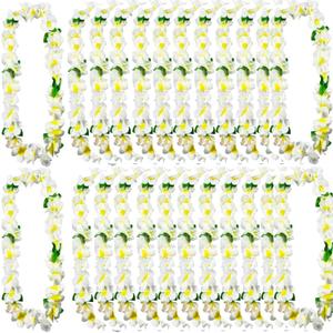 24Counts Thickened Hawaiian Leis Bulk, White Wedding Flower Leis for Luau Party Baby Showers Floral Hanging Garland Hula Dance Hawaii Costume Graduation Lei Fall Bridal Shower Accessories (White With Green Leaves)