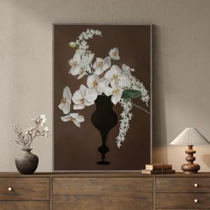 Framed Vintage Floral Vertical Wall Art, Retro White Orchid Flower Canvas Artwork for Kitchen, Classical Moody Dark Botanical Painting Prints for Bedroom Dining Room Living Room Bar Wall decor, 24x36
