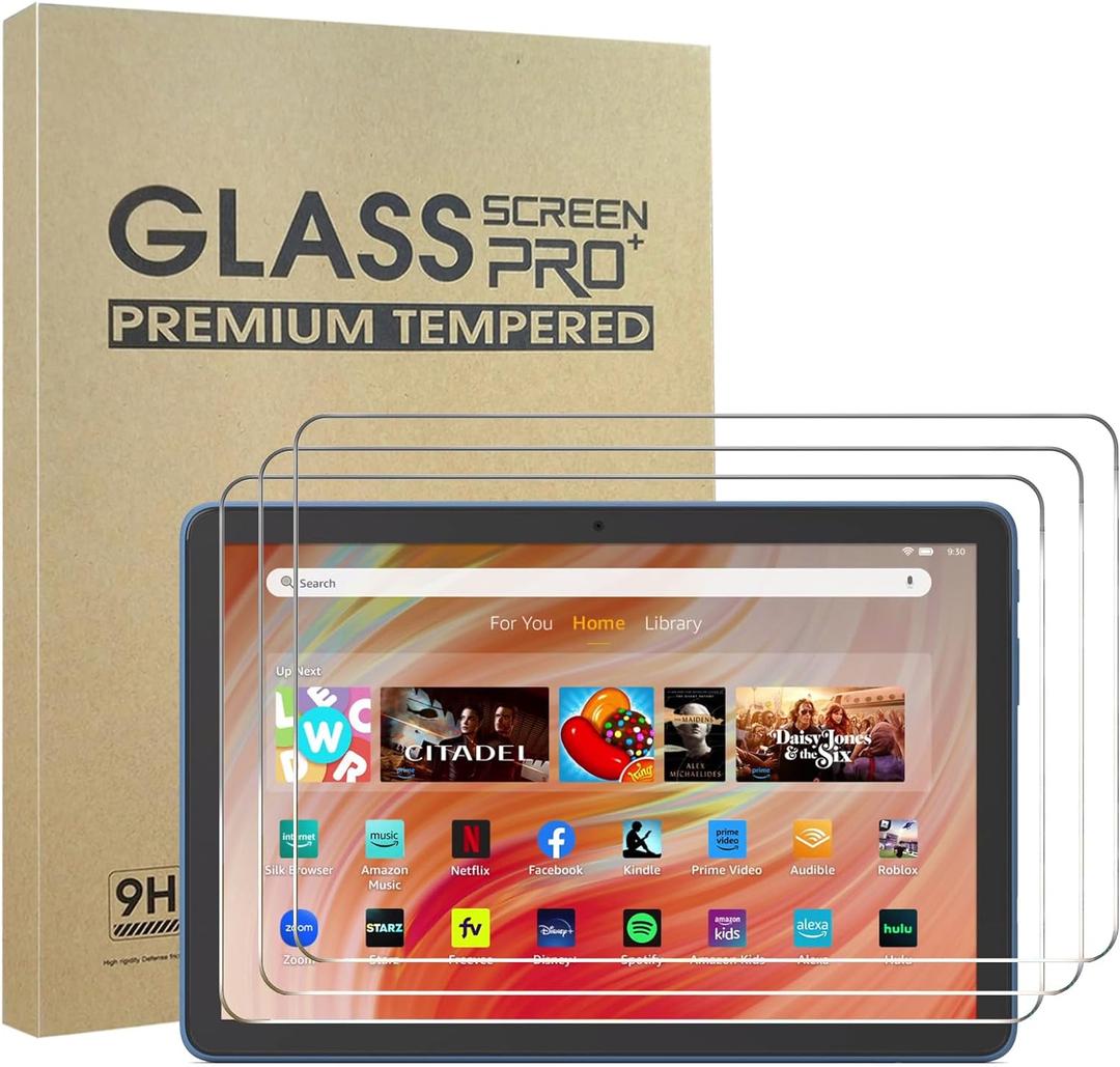 [3-Pack] All-New Kindle Fire HD 10 2023/2021/Fire HD 10 Kids Pro/Fire HD 10 Plus (2023/2021 Release) Screen Protector, HD Anti-Scratch Anti-Fingerprint 9H Hardness Bubble-Free Tempered Glass