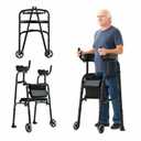 Folding Walker with Armrest Pad - Upright Walker for Seniors, Standing Mobility Aid for Indoor & Outdoor, 300lb Weight Capacity, Height Adjustable (Black+Rest Bench)