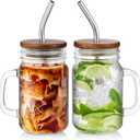 DRASTAR Iced Coffee Cup, 16 oz Mason Jar Cups with Handle, Small Glass Coffee Mugs with Straws and Acacia Lids, Drinking Glass Cups Set of 2, Smoothie, Overnight Oats Containers (colorless)