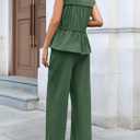 Tankaneo Womens 2 Piece Sets Summer Linen Babydoll Peplum Pleated Tank Top Pants Set Cotton Travel Vacation Outfits (Green)
