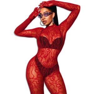 Women Sexy Fishnet Full Bodysuit, Mesh Lace Poster Jumpsuit Glow Party Rave Outfits, Body Stockings Halloween Costume (Red)