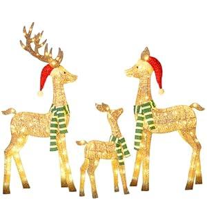 58 Inch 3D Gold Large Lighted Christmas Deer Decorations 3-Piece Outdoor Holiday Decorations Reindeer Set with 210 Warm White LEDs, Large Yard Display for Garden, Storefront