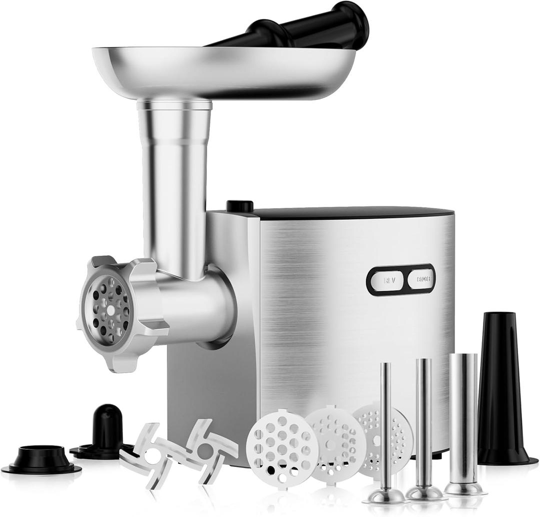 CHEFFANO Meat Grinder, Electric Meat Grinder and Sausage Maker Includes 3 Size Stainless Steel Sausage Stuffs, 2 Cutting Blades, 3 Grinder Plates, Plastic Sausage Tubes & Kubbe Kit for Home Use Silver