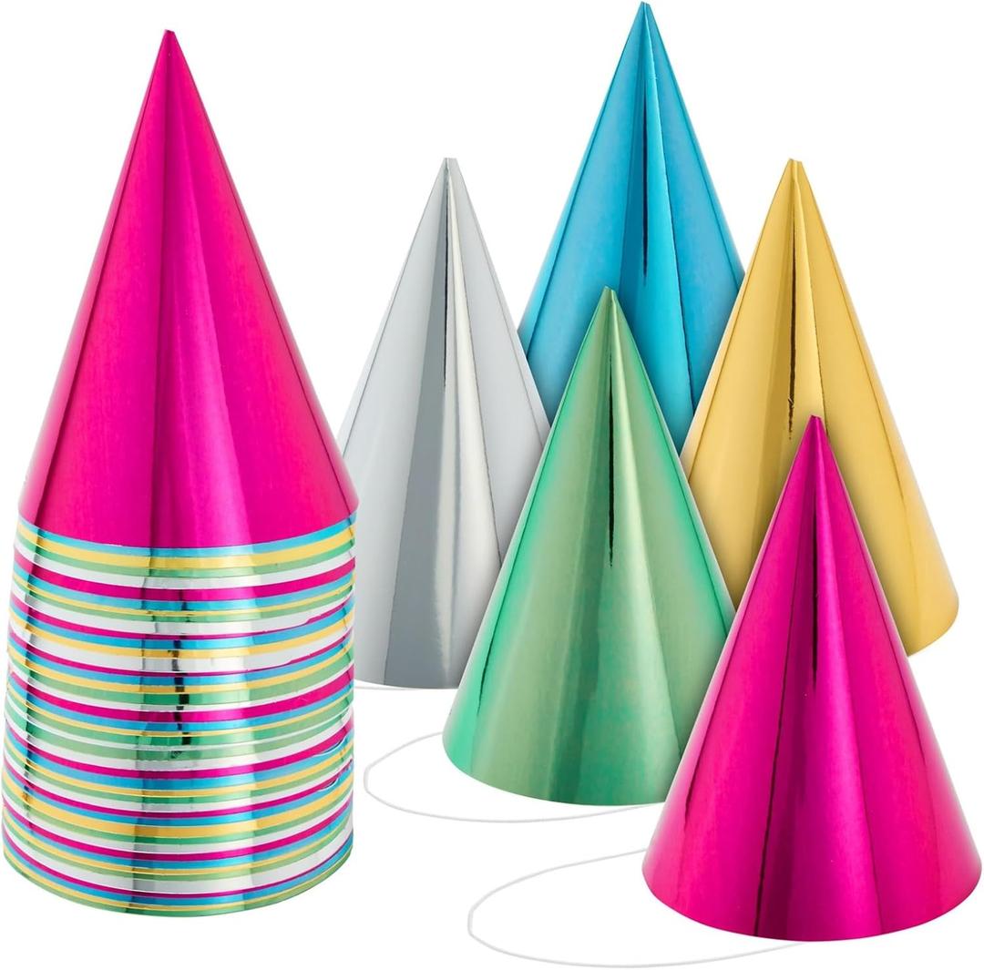 BLUE PANDA Party Hats - 50 Pack, Metallic Blue/Green/Gold/Silver/Hot Pink, Cone - Bulk Set for Kids & Adults