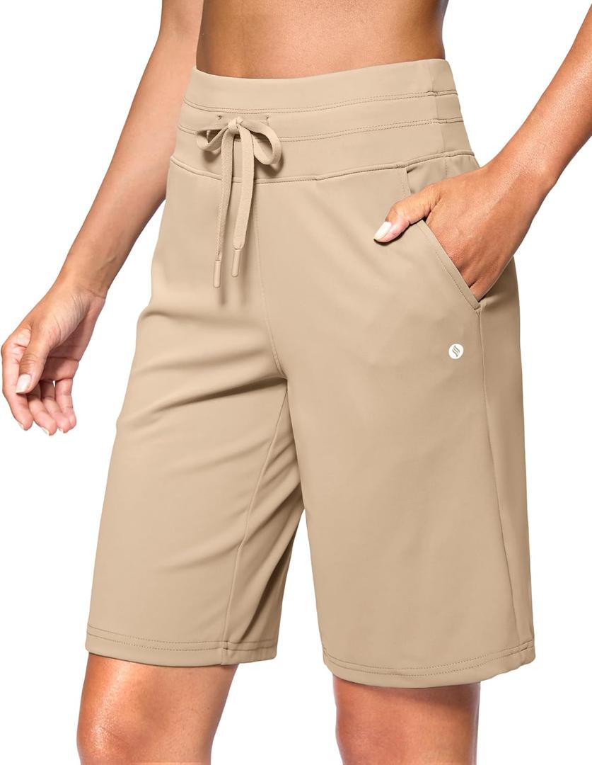 SANTINY Women's Bermuda Long Shorts with Pockets Drawstring High Waisted Athletic Knee Length Shorts for Women Workout (Beige, XXL)