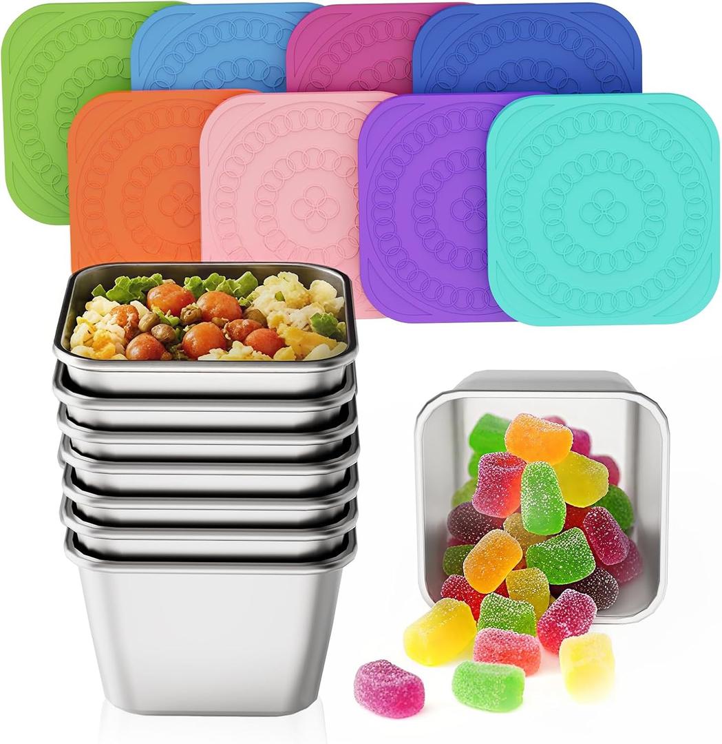 Set of 8 Stainless Steel Snack Containers for Kids and Toddler;Snackle Box Container;Leak Proof Stackable Small Metal Food Containers with Silicone Lids