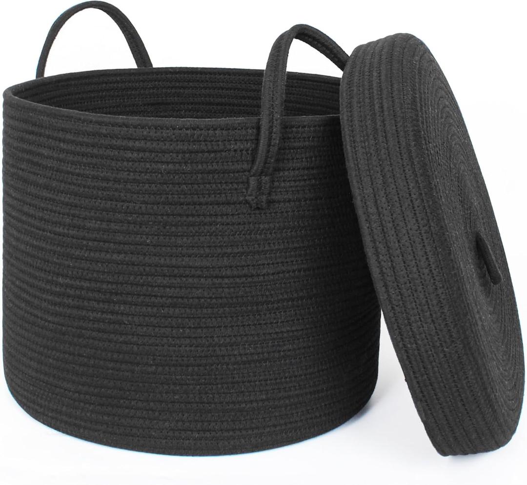 Black Basket with Lid, 16"x16"x13" Large Blanket Storage for Living Room, Round Cotton Rope Kids Dog Toy Bin Box with Cover, Woven Laundry Basket with Lid, Wicker Storage Bin for Organizing