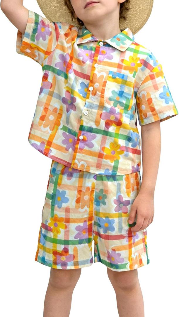 Boys Shirt Shorts Sets Toddler Summer Outfits Hawaiian Beach Vacation Clothes (Orange) 7-8Y