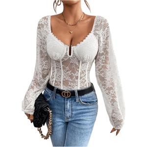 SweatyRocks Women's Lace Long Sleeve Corset Bodysuit Tops Sheer Mesh V neck Jumpsuit (Large, White)