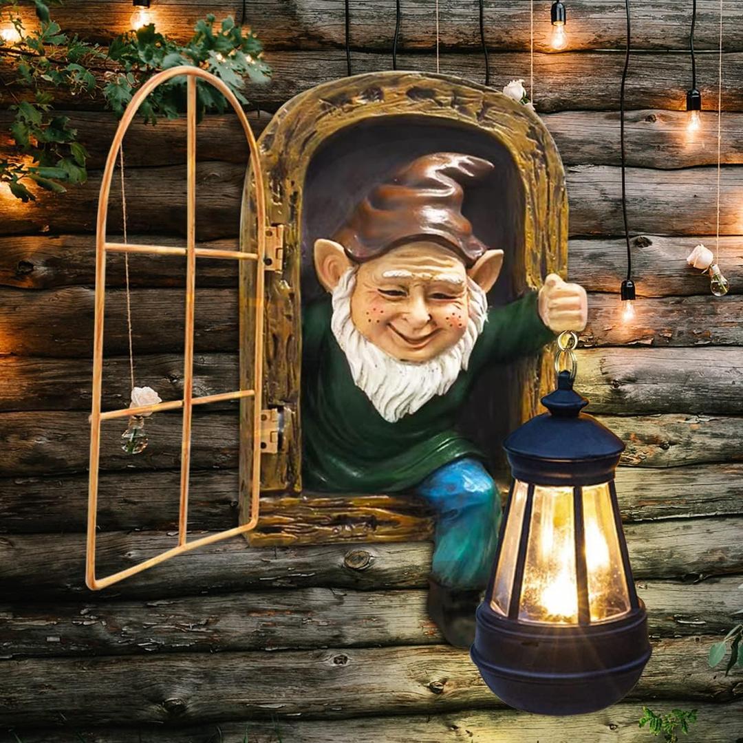 Gnomes Statue with Solar Lights Spring Decorations Whimsical Fairy Garden-10 Inch Elf Outdoor Tree Hugger Garden Statues- Tree Face Sculpture, Yard Art for Patio,Fence,Lawn,Wall Gnomes Ornament (Brown)