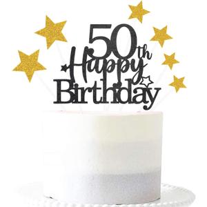 2 x Glittery 50th Happy Birthday Cake Topper with Star,Personalised 50 Birthday Cake Toppers Party Decorations Party Supplies for Men Women Black Gold
