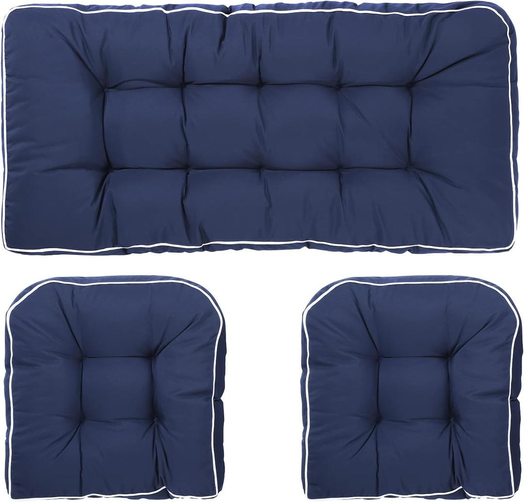 Outdoor 3 Piece Settee Cushion Set, Patio Wicker Cushions 1 Loveseat Cushion & 2 U-Shape Cushion (Navy)
