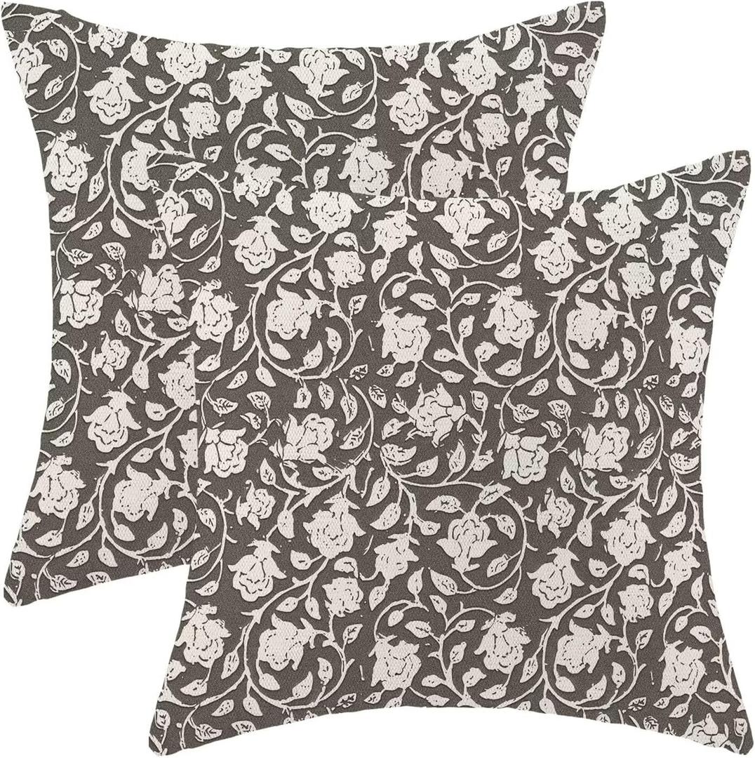 Taupe Floral Throw Pillow Covers 18x18 Set of 2, Flower Print Linen Decorative Pillow Cover Neutral Vintage Outdoor Cushion Cover Taupe Black Floral Pillowcase for Sofa Couch Farmhouse Room
