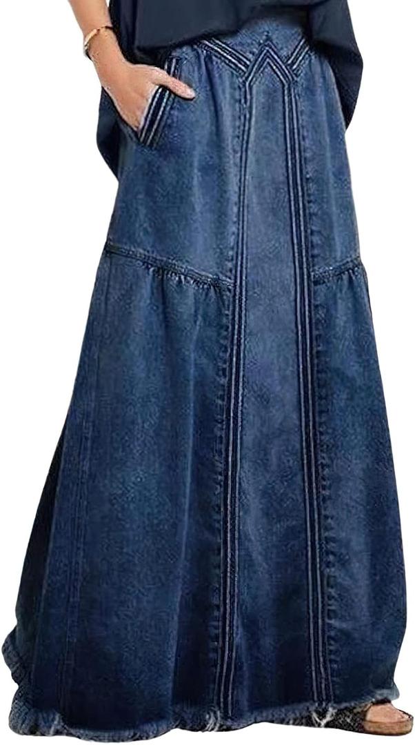 CHARTOU Women's Retro Elastic High Waist Frayed A-Line Maxi Denim Skirt with Pockets (X-Large, Dark Blue)