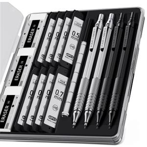 Four Candies 4PCS Metal Mechanical Pencils Set with Case, 0.5mm & 0.7 mm Artist Pencil with 8 Tubes (480PCS) HB Lead Refills, 3 Erasers,9 Eraser Refills For Writing Drafting, Drawing, Black&Silver