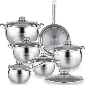 Daniks Classic 12-Piece Stainless Steel Cookware Set with Glass Lids, Includes Saucepan and Frying Pan with Lid, Tri-Ply Bases for Even Heating, Induction Compatible, Dishwasher Safe, 12-pcs Set