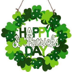 Wooden St. Patrick's Day Decoration Shamrock Door Wreath for Front Door Sign Wall Signs Clover Spring Decoration, Irish Sign Welcome Hanging for Home Decor Party Outdoor Indoor Supply (Green)
