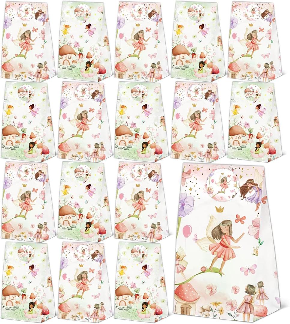24 Pcs Floral Fairy Favor Bags with Stickers Bags Floral Fairy Party Bags Paper Fairy Goodie Bags for Party Decoration Supplies (flower-24, 24pcs)