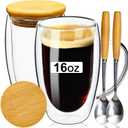 PARACITY Double Wall Glass Coffee Mugs 16OZ with Bamboo Lid/Spoon, Glass Coffee Cups Set of 2 with Handle, Insulated Clear Coffee Mug, Perfect for Latte, Cappuccino, Espresso, Hot Beverage, Tea